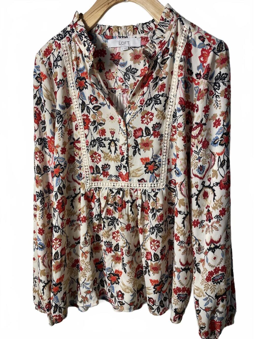 LOFT Long Sleeve Blouse Womens Size Small Floral Embroidered Whimsy Boho Fall